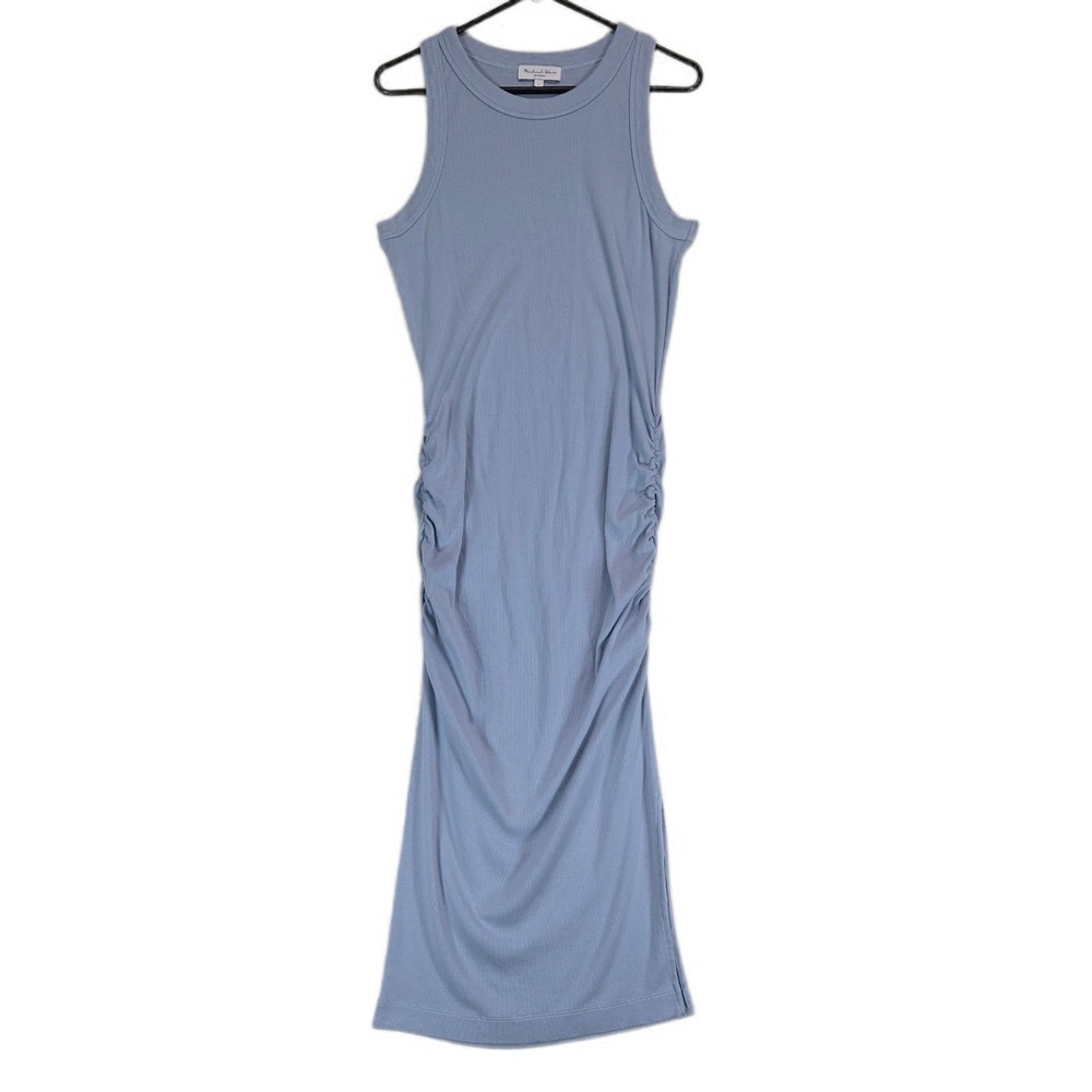 Michael Stars Womens Maxi Dress L Blue Ribbed Ruched Sleeveless Bodycon L